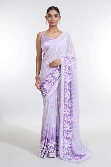 Buy Grey Georgette, Satin Sequins Round Bloom Embellished Ombre Saree ...