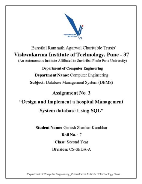 DBMS Assignment 3: Hospital Management System Database Design - Studocu