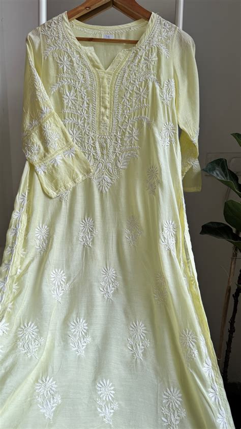 Muslin Chikankari Kurti with White Thread work - Lemon Yellow - ARIAA ...
