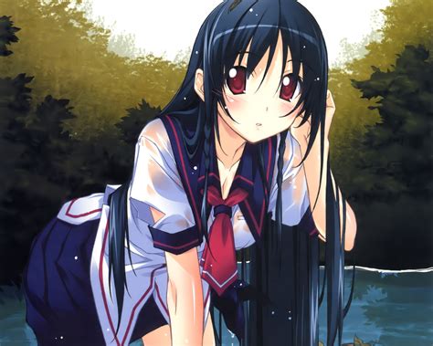 wet, Long, Hair, Red, Eyes, Seifuku, Anime, Girls, Black, Hair ...