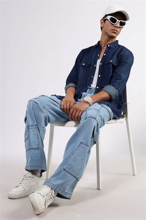 Navy Blue Raw Edge Oversized Relaxed Fit Spread Collar Premium Denim F ...
