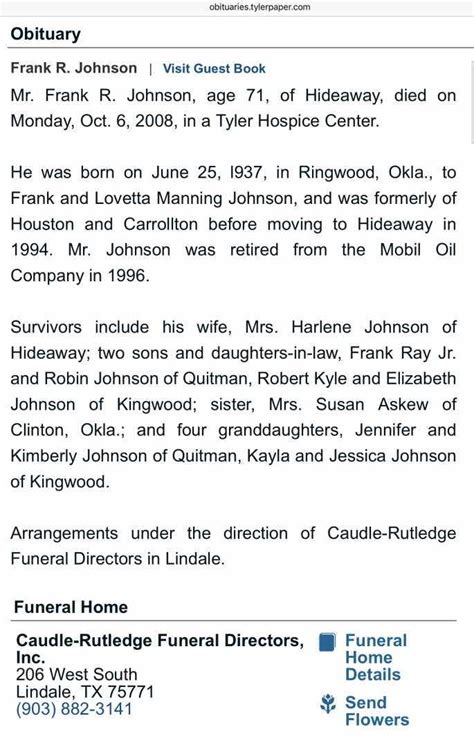 Obit for Frank Ray Johnson Sr http://obituaries.tylerpaper.com ...