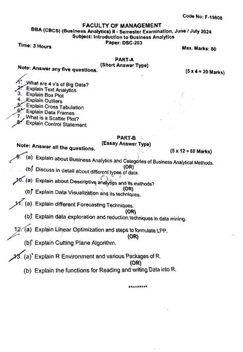 BBA (CBCS) Introduction to Business Analytics Exam June-July 2024 - Studocu