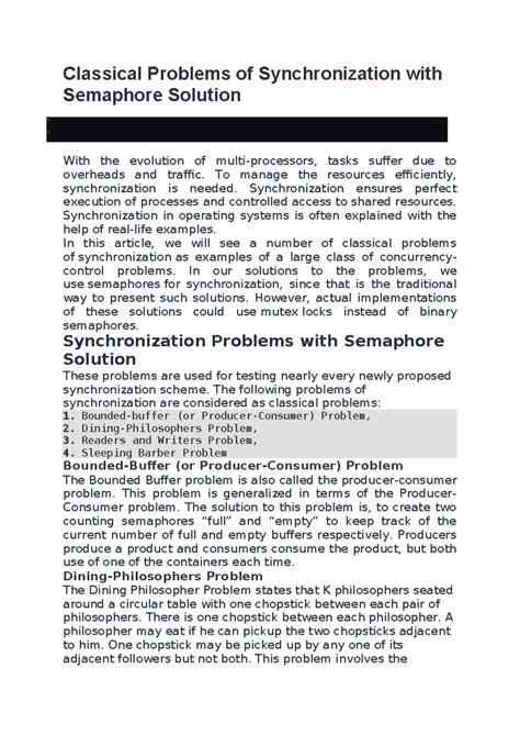 Classical Synchronization Problems with Semaphore Solutions (CS101 ...