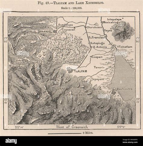 Tlalpan, Lake Xochimilco & San Angel, Mexico City 1885 old antique map chart Stock Photo - Alamy