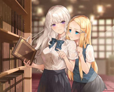 2girls blue eyes blush brown hair building city cropped drink long hair ...