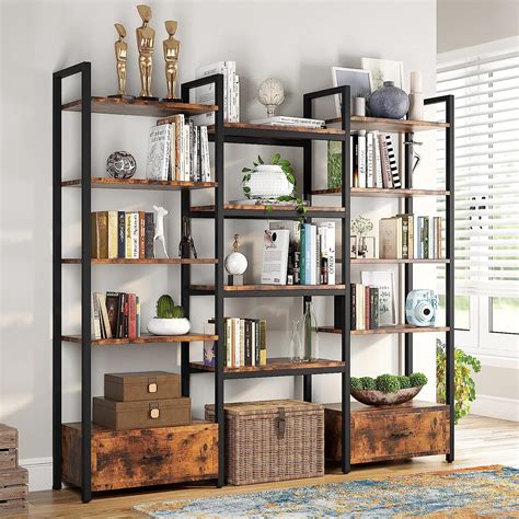Tribesigns Triple Wide 5-Tier Bookshelf with 2 Drawers, Rustic Etagere ...