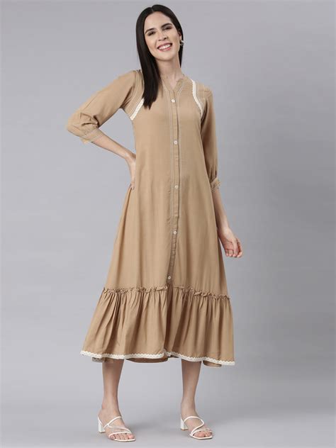 Neerus Beige Curved Casual Solid Maxi Dresses – Neerus India