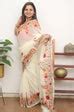 Off White Embroidered Kashmiri Aari Work Georgette Saree - Luxurionworld
