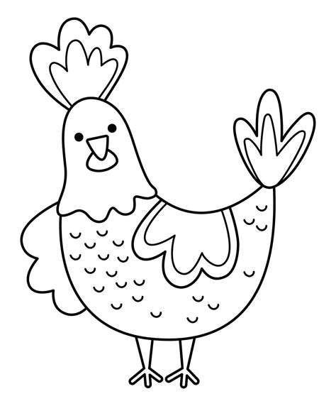 Vector black and white hen icon. Cute cartoon chicken illustration for kids. Outline farm bird ...