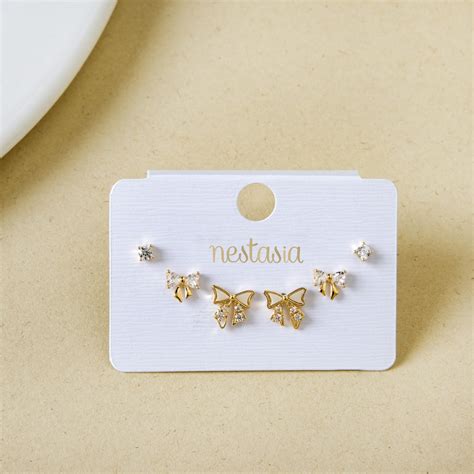 Jewellery Online - Premium Gold Ribbon Radiance Studs Set Of 3 | Nestasia