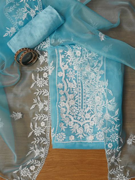 Buy Sky Blue Thread Embroidered Organza Festive Dress Material with ...