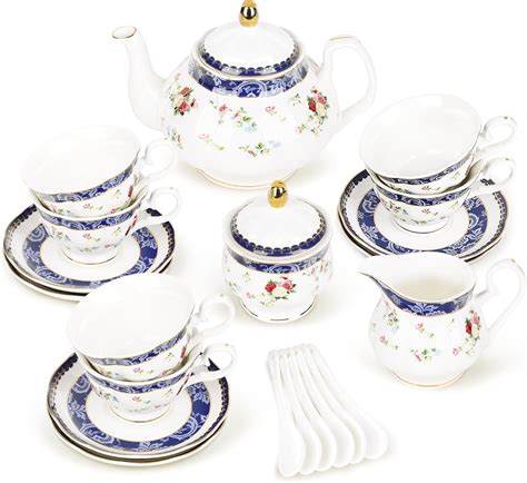 fanquare 21 Pieces Blue Rose British Afternoon Tea Set, Modern ...