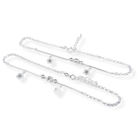 925 Sterling Silver Flower And Ball Design Silver Anklet (Pair) for ...