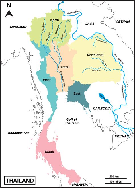 Map of Thailand includes regions Mekong River, Mun, Chi, Chao Phraya ...