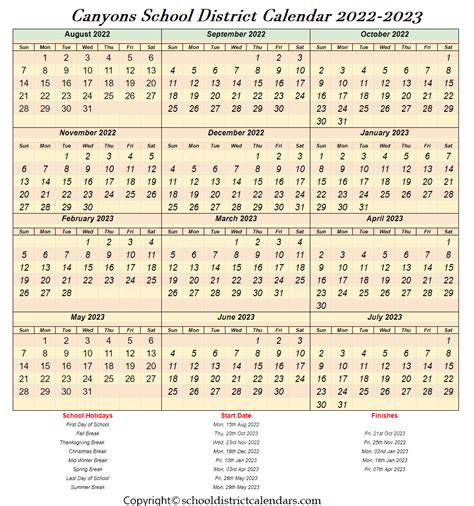 Canyons School District Calendar 2022-2023 With Holidays