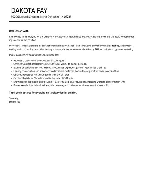 Occupational Health Nurse Cover Letter | Velvet Jobs