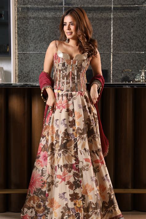 Maha Beige & Maroon Sequinned Corset Tissue Lehenga Set