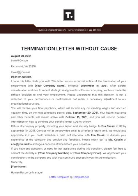 Free Termination Letter without Cause Template to Edit Online