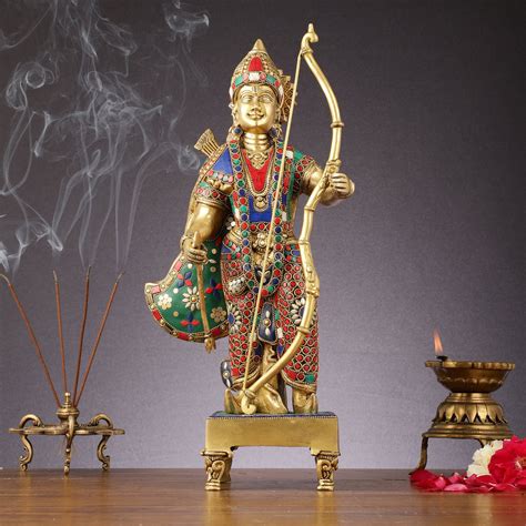 Buy Brass Lord Rama Idol multicolour stonework | 18" - Budhshiv.com