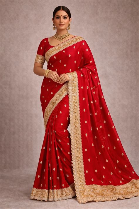 Pure Katan Silk Red Saree with Lace Border – tvisa