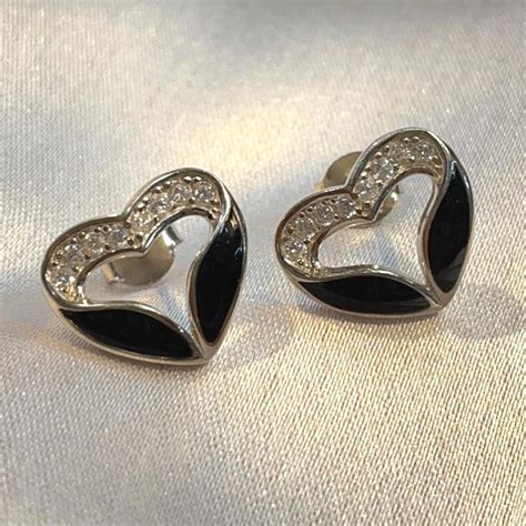 Buy Sterling Silver Earring, CZ Diamond Open Heart Stud, Black Enamel ...