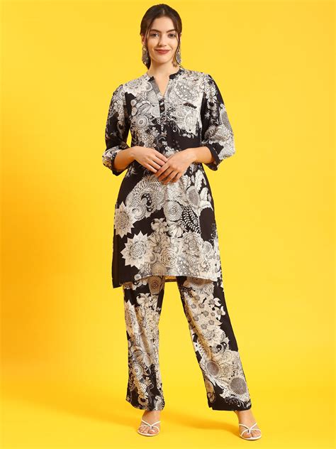 Black White Floral Printed Co-ord Set at Best Cost at SHREE