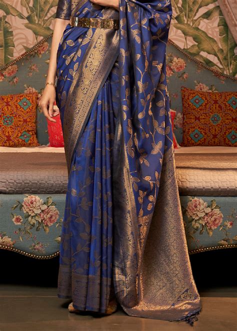 NAVY BLUE ZARI WOVEN TWO TONE BANARASI CHINON SILK SAREE ...