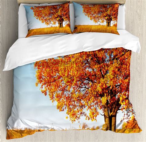 Fall Duvet Cover Set, Lonely and Oak Tree Grass Bushes Field Serene ...