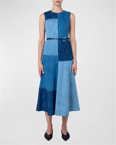 Akris punto Washed Denim Patchwork Short Dress with Belt | Neiman Marcus