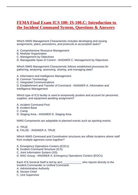 FEMA Final Exam ICS 100: IS-100.C:FEMA Final Exam ICS 100: IS-100.C ...