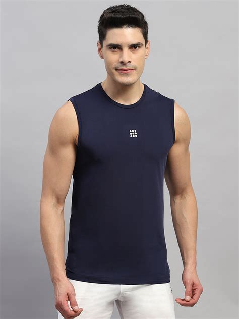 Buy Men Navy Blue Solid Round Neck Sleeveless T-Shirt Online in India ...