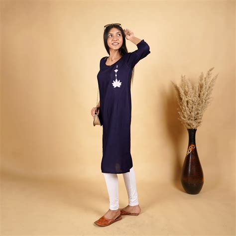 Lotus Floral Pattern Long Navy Blue Kurti for Women – Prabhubhakti