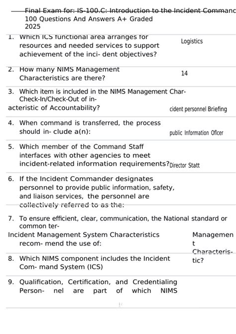 Final Exam for: IS-100.C: Introduction to the Incident Command System ...