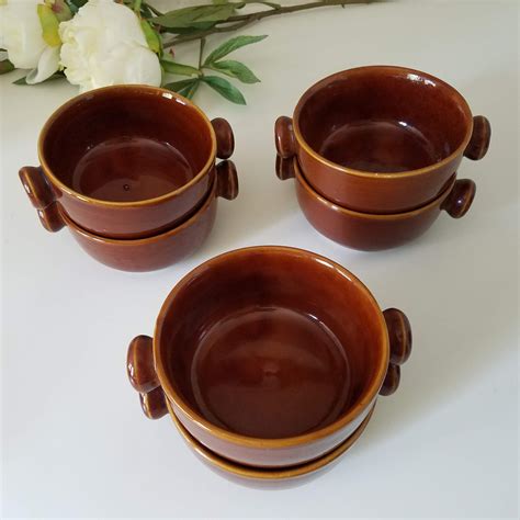 Vintage Stoneware Bowls, Brown Pottery Crocks with Two Handles, Set of ...