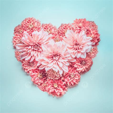 Pastel Color Heart Made Of Lovely Pink Flowers On Turquoise Blue ...