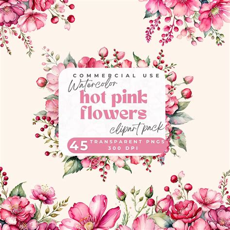 Bright Pink Flower Clipart, Hot Pink Flowers Clipart, Watercolor Pink ...