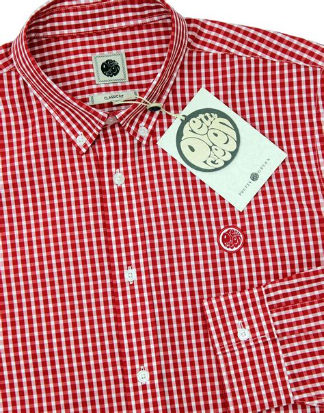 PRETTY GREEN Francis mens Retro Mod Gingham Check Shirt in Red