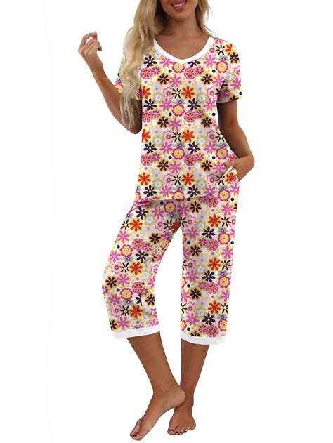 MINTREUS Women's Sleepwear Capri Pajama Sets Short Sleeve Two-Piece Pjs ...