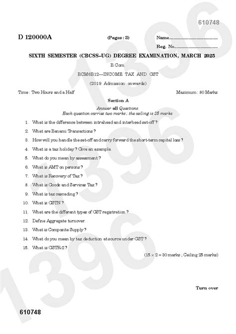 B.Com. 6th Sem Exam 2025: Tax and GST MCQs & Descriptive Questions ...