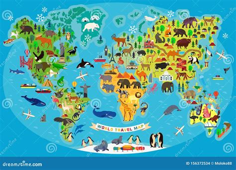Animal Map of the World for Children and Kids. Vector. Stock Vector - Illustration of continent ...