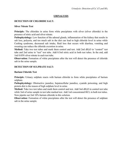 Physio practical urinalysis DETECTION OF CHLORIDE SALT AND DETECTION OF SULPHATE SALT IN URINE | PDF