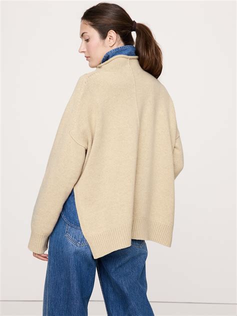 Oversized Merino-Cotton High-Low Funnel-Neck Sweater | Banana Republic