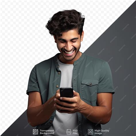 Premium PSD | A man smiles and smiles with a cell phone.