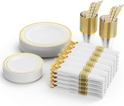 Ktaxon 240 Piece Gold Plastic Dinnerware Set for 30 Guests, Elegant ...