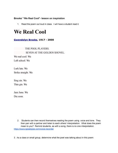 We Real Cool Poem Answers For Reading - Brooks’ “We Real Cool”- lesson ...