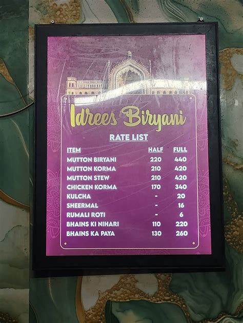 Menu at Idrees Biryani, Lucknow, opposite Pata Nala