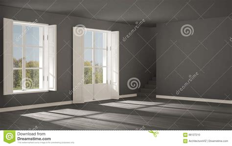 Empty Room with Windows and Stairs, Minimalist Scandinavian Interior ...