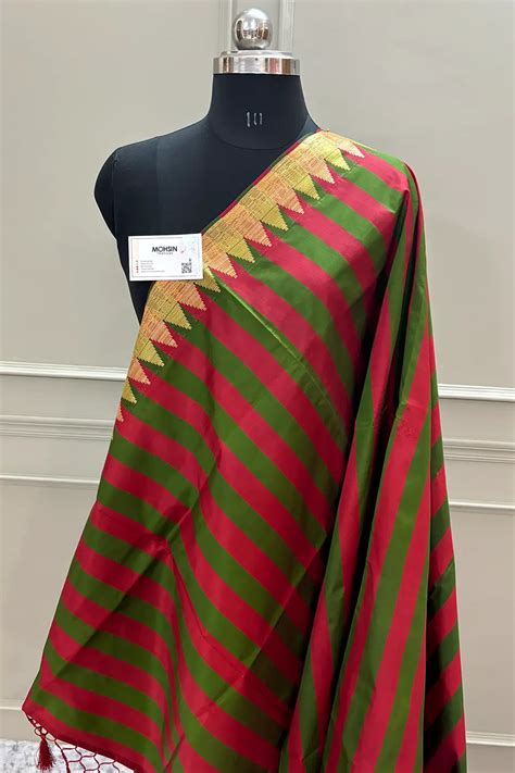 Red and Green Stripe Plain Satin Silk Banarasi Saree – Mohsin Textiles