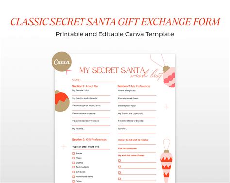 Classic Secret Santa Gift Exchange Form Printable and Editable Canva ...